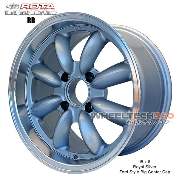 ROTA Wheel RB (15x8, 4x114.3+12mm, 73mm Hub, Ford Style Big Center Cap) Royal Silver