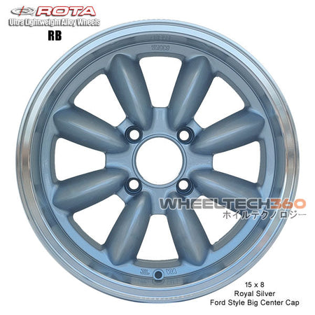 ROTA Wheel RB (15x8, 4x114.3+12mm, 73mm Hub, Ford Style Big Center Cap) Royal Silver